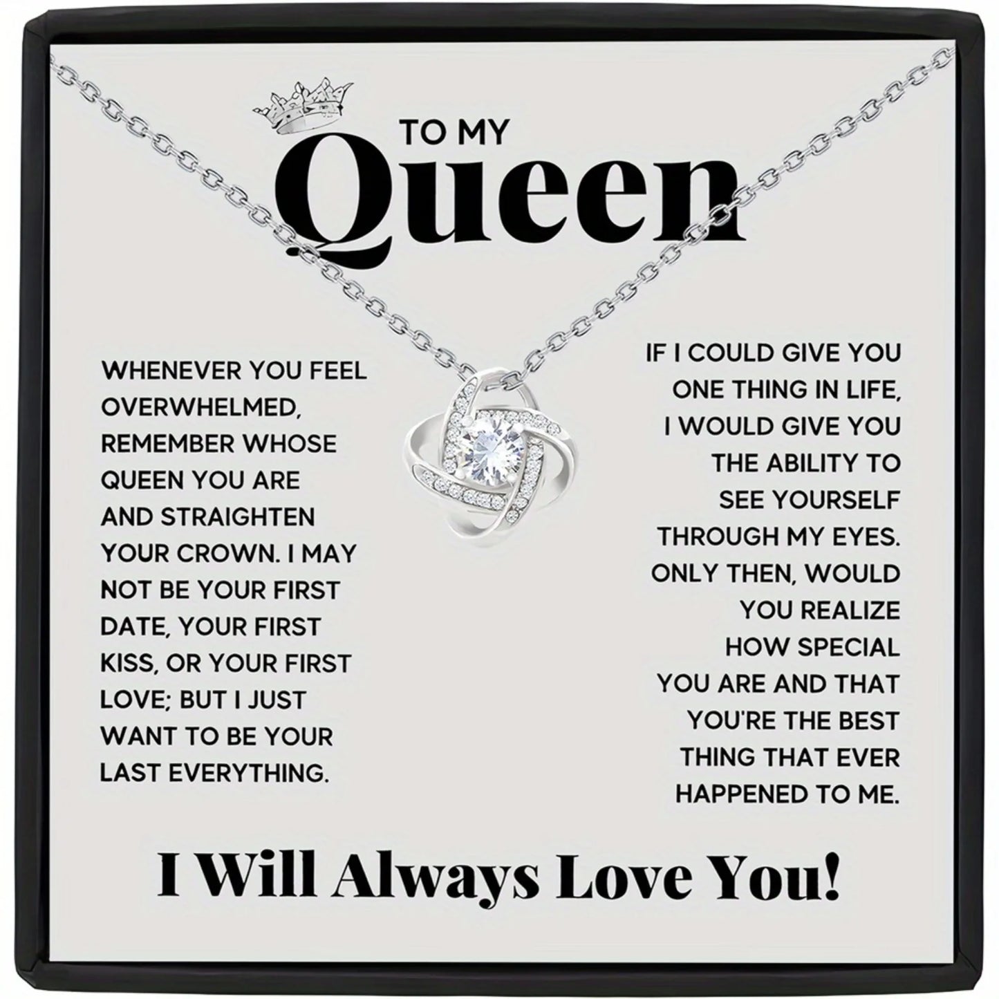 Elegant Love Knot Necklace, "To My Queen" Perfect for Wife, Girlfriend, Soulmate, Any Holiday Gift, Romantic Gift Necklace